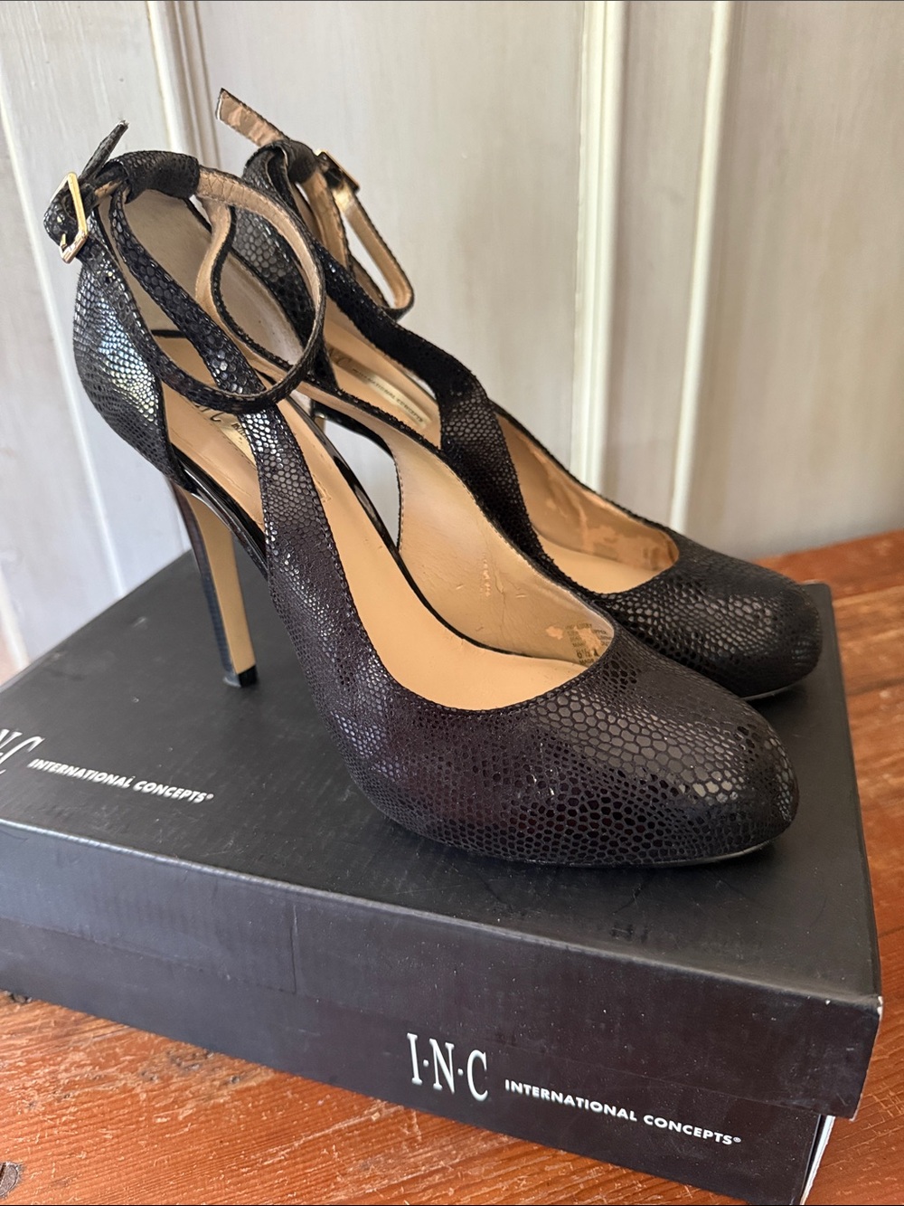 INC International Concepts Black Snake-Embossed Ankle-Strap Pumps